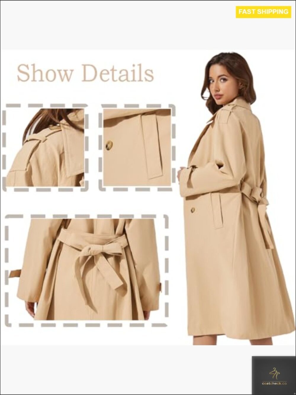 Double Breasted Long Trench Coat Classic Lapel Windproof Belted Lightweight - Picture 5 of 7